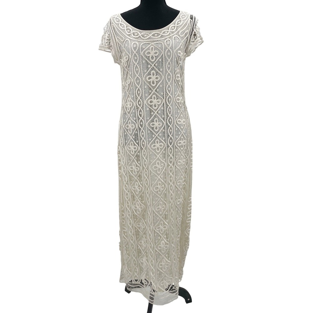 Carole Little Petite Silk Lace Maxi Dress Cream Crochet Short Sleeve Gown Sz 10